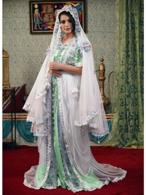 White Color Designer Handmade Arabic Moroccan Long Sleeve Wedding Caftan With Veil