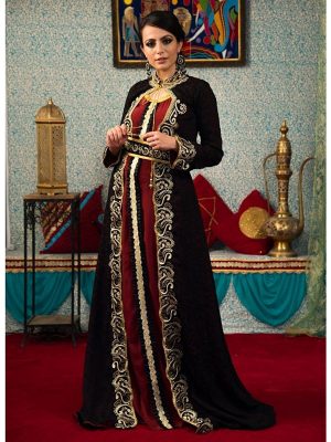 Black And Maroon Color Modest Thread Work Kaftan