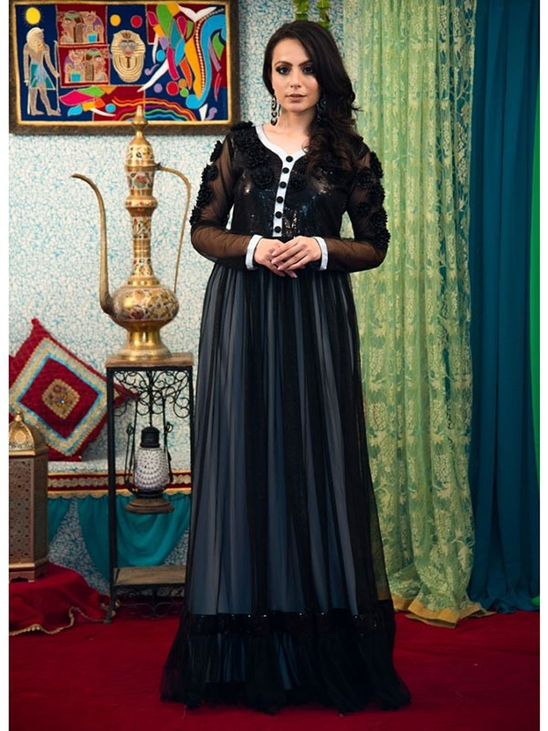 Fluffy black gown with black beadwork and crystal drops – Ricco India