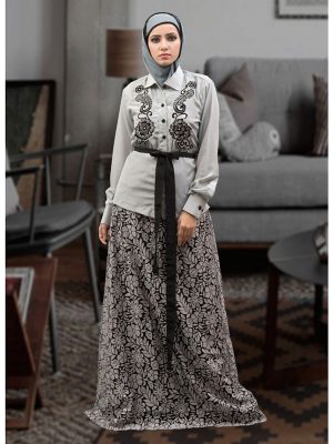 Dark Gray And Black Color Thread Work Abaya Dress