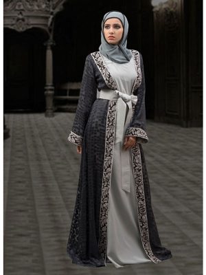 Dark Gray And Black Color Jacket Style Abaya Dress