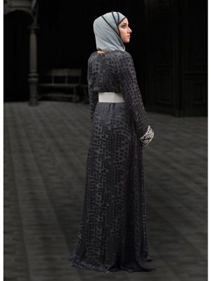 Dark Gray And Black Color Jacket Style Abaya Dress