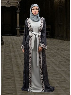 Dark Gray And Black Color Jacket Style Abaya Dress