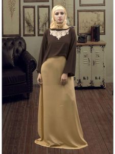 Formal Muslim Evening Brown And Beige Color Abaya