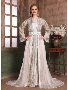 Grey And White Color Brocade Kaftan