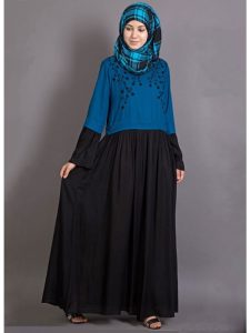 Womens Abaya Turquoise & Black Color Embroidery Wear