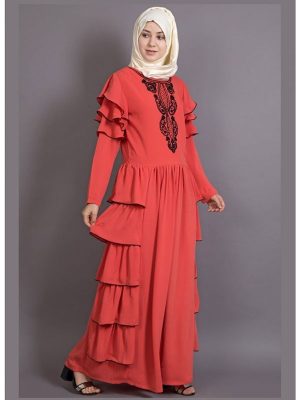 Womens Abaya Orange & Black Color Embroidery Wear