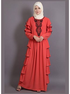 Womens Abaya Orange & Black Color Embroidery Wear
