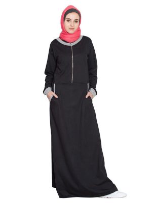 Womens Abaya Black & Grey Color Casual Wear