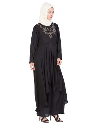 Womens Abaya Black & Grey Color Embroidery Wear