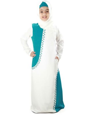 Off White And Green Color Kid'S-Crepe Kid'S Abaya