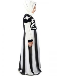 Off White And Black Color Kid'S-Crepe Kid'S Abaya