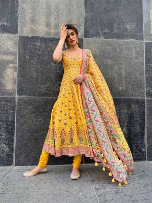 Kriti Sanon in Floral Printed Yellow Anarkali Suit