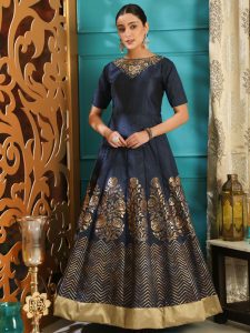 Flory Navy Blue Silk Cutdana Handwork On Neck Party Wear Designer Gown