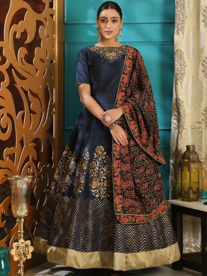 Flory Navy Blue Silk Cutdana Handwork On Neck Party Wear Designer Gown