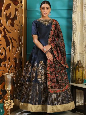 Flory Navy Blue Silk Cutdana Handwork On Neck Party Wear Designer Gown