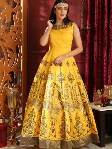 Flory Yellow Silk Cutdana & Zardosi Handwork On Neck Party Wear Designer Gown