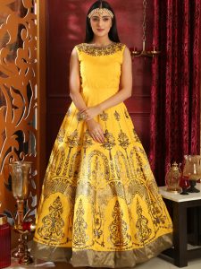 Flory Yellow Silk Cutdana & Zardosi Handwork On Neck Party Wear Designer Gown