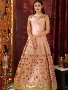 Flory Peach Silk Cutdana & Resham Handwork On Neck Party Wear Designer Gown