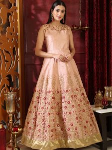 Flory Peach Silk Cutdana & Resham Handwork On Neck Party Wear Designer Gown
