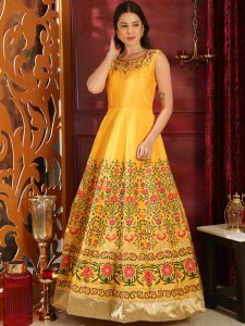 Flory Yellow Silk Cutdana & Zardosi Party Wear Designer Gown