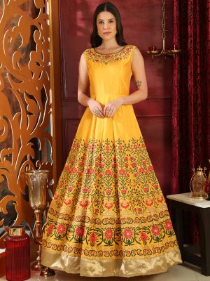 Flory Yellow Silk Cutdana & Zardosi Party Wear Designer Gown
