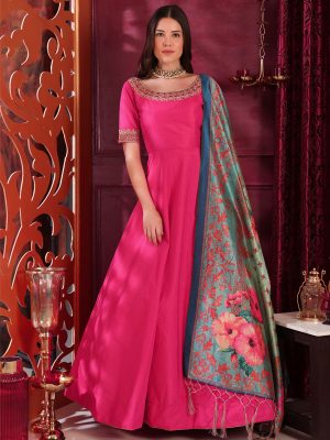 Flory Dark Pink Silk Cutdana & Zardosi Handwork Party Wear Designer Gown