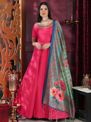 Flory Dark Pink Silk Cutdana & Zardosi Handwork Party Wear Designer Gown