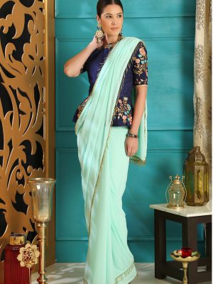 Turquoise Blue Pure Georgette Crystal Party Wear Designer Saree