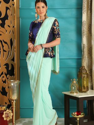 Turquoise Blue Pure Georgette Crystal Party Wear Designer Saree