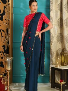 Rang Roop Teal Blue Pure Georgette Resham Tassels Party Wear Designer Saree