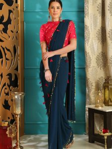 Rang Roop Teal Blue Pure Georgette Resham Tassels Party Wear Designer Saree