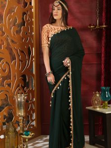 Dark Green Pure Georgette Pearl And Metalic Border Party Wear Designer Saree