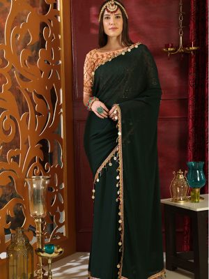 Dark Green Pure Georgette Pearl And Metalic Border Party Wear Designer Saree