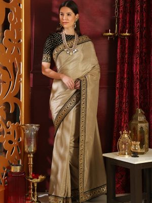 Beige Silk Sequence Embroidered Lace On Border Party Wear Designer Saree