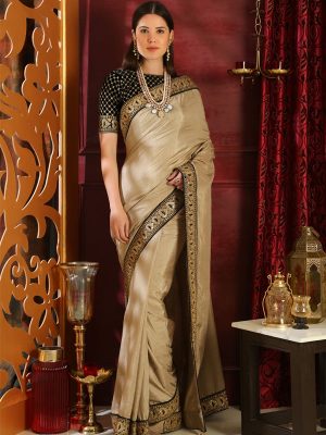 Beige Silk Sequence Embroidered Lace On Border Party Wear Designer Saree