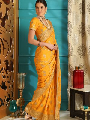 Yellow Silk Full Embroidered Work Wedding & Party Wear Designer Saree