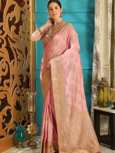 Powder Pink Silk Full Embroidered Work Wedding & Party Wear Designer Saree