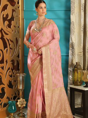 Powder Pink Silk Full Embroidered Work Wedding & Party Wear Designer Saree