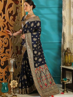 Navy Blue Silk Full Embroidered Work Wedding & Party Wear Designer Saree