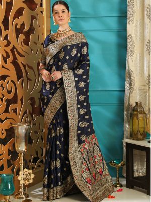 Navy Blue Silk Full Embroidered Work Wedding & Party Wear Designer Saree