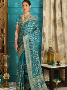 Teal Silk Full Embroidered Work Wedding & Party Wear Designer Saree