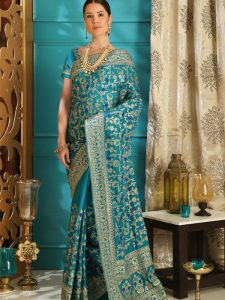 Teal Silk Full Embroidered Work Wedding & Party Wear Designer Saree