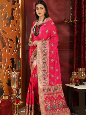 Magenta Silk Full Embroidered Work Wedding & Party Wear Designer Saree