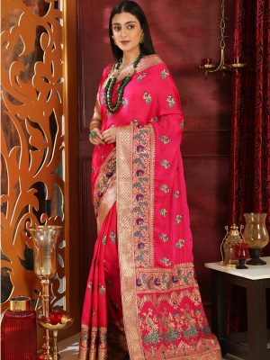 Magenta Silk Full Embroidered Work Wedding & Party Wear Designer Saree