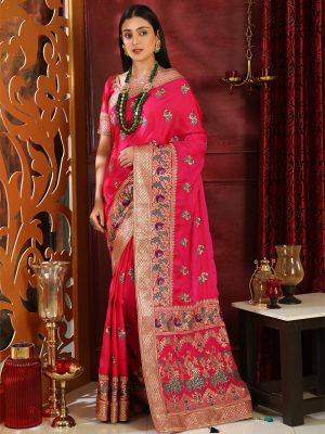 Magenta Silk Full Embroidered Work Wedding & Party Wear Designer Saree