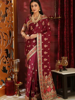 Rang Roop Wine Silk Full Embroidered Work Wedding & Party Wear Designer Saree