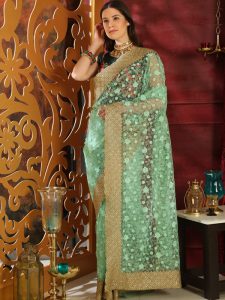 Rang Roop Mint Green Organza Full Embroidered Work Wedding & Party Wear Designer Saree