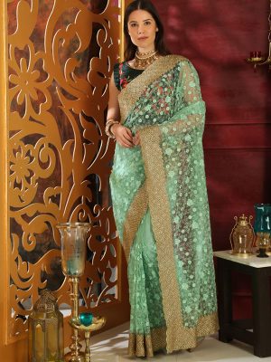 Rang Roop Mint Green Organza Full Embroidered Work Wedding & Party Wear Designer Saree