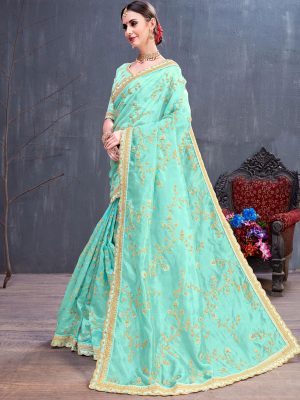 Rang Roop Turquoise Organza Coding Sequence Embroidered Party Wear Designer Saree